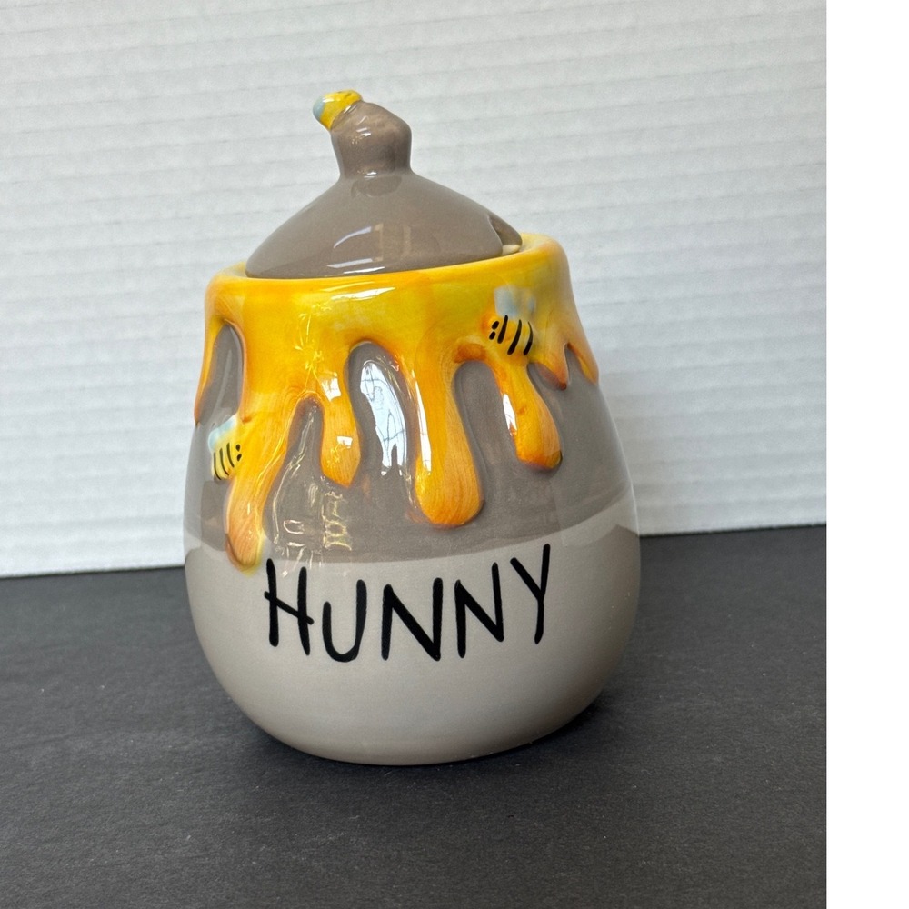 Disney Winnie the Pooh Hunny Pot Ceramic Honey Jar with Lid Bumblebee Grey